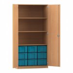 Flexeo Schrank, 9 große Boxen, 3 Fächer, 2 Türen Buche dunkel, blau  (Zoom)