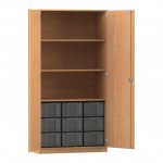 Flexeo Schrank, 9 große Boxen, 3 Fächer, 2 Türen Buche dunkel, transparent  (Zoom)
