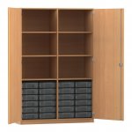 Flexeo Schrank, 24 kleine Boxen, 6 Fächer, Mittelwand, 2 Türen Buche dunkel, transparent  (Zoom)