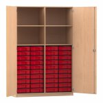 Flexeo Schrank, 40 kleine Boxen, 4 Fächer, Mittelwand, 2 Türen Buche hell, rot  (Zoom)