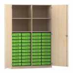 Flexeo Schrank, 40 kleine Boxen, 4 Fächer, Mittelwand, 2 Türen Ahorn honig, grün  (Zoom)