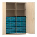 Flexeo Schrank, 40 kleine Boxen, 4 Fächer, Mittelwand, 2 Türen Ahorn honig, blau  (Zoom)