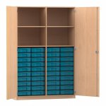 Flexeo Schrank, 40 kleine Boxen, 4 Fächer, Mittelwand, 2 Türen Buche hell, blau  (Zoom)