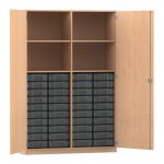 Flexeo Schrank, 40 kleine Boxen, 4 Fächer, Mittelwand, 2 Türen Buche hell, transparent  (Zoom)
