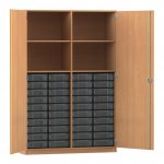 Flexeo Schrank, 40 kleine Boxen, 4 Fächer, Mittelwand, 2 Türen Buche dunkel, transparent  (Zoom)