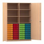 Flexeo Schrank, 32 kleine Boxen, 6 Fächer, Mittelwand, 2 Türen Buche hell offen, bunt  (Zoom)