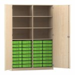Flexeo Schrank, 32 kleine Boxen, 6 Fächer, Mittelwand, 2 Türen Ahorn honig, grün  (Zoom)