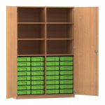 Flexeo Schrank, 32 kleine Boxen, 6 Fächer, Mittelwand, 2 Türen Buche dunkel, grün  (Zoom)