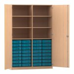Flexeo Schrank, 32 kleine Boxen, 6 Fächer, Mittelwand, 2 Türen Buche hell, blau  (Zoom)