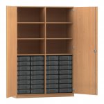 Flexeo Schrank, 32 kleine Boxen, 6 Fächer, Mittelwand, 2 Türen Buche dunkel, transparent  (Zoom)