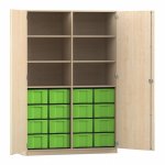 Flexeo Schrank, 16 große Boxen, 6 Fächer, Mittelwand, 2 Türen Ahorn honig, grün  (Zoom)