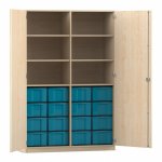 Flexeo Schrank, 16 große Boxen, 6 Fächer, Mittelwand, 2 Türen Ahorn honig, blau  (Zoom)