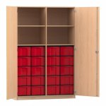 Flexeo Schrank, 20 große Boxen, 4 Fächer, Mittelwand, 2 Türen Buche hell, rot  (Zoom)