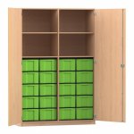 Flexeo Schrank, 20 große Boxen, 4 Fächer, Mittelwand, 2 Türen Buche hell, grün  (Zoom)