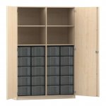 Flexeo Schrank, 20 große Boxen, 4 Fächer, Mittelwand, 2 Türen Ahorn honig, transparent  (Zoom)