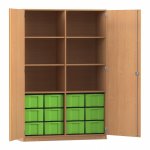 Flexeo Schrank, 12 große Boxen, 6 Fächer, Mittelwand, 2 Türen Buche dunkel, grün  (Zoom)