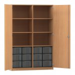 Flexeo Schrank, 12 große Boxen, 6 Fächer, Mittelwand, 2 Türen Buche dunkel, transparent  (Zoom)