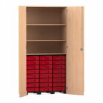 Flexeo Garagenschrank, 3 Fächer, 3 Rollcontainer, 24 kleine Boxen Buche hell, rot  (Zoom)