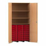 Flexeo Garagenschrank, 3 Fächer, 3 Rollcontainer, 24 kleine Boxen Buche dunkel, rot  (Zoom)