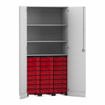 Flexeo Garagenschrank, 3 Fächer, 3 Rollcontainer, 24 kleine Boxen grau, rot  (Zoom)