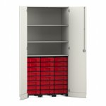 Flexeo Garagenschrank, 3 Fächer, 3 Rollcontainer, 24 kleine Boxen weiß, rot  (Zoom)