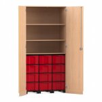 Flexeo Garagenschrank, 3 Fächer, 3 Rollcontainer, 12 großen Boxen Buche hell, rot  (Zoom)