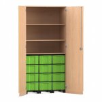 Flexeo Garagenschrank, 3 Fächer, 3 Rollcontainer, 12 großen Boxen Buche hell, grün  (Zoom)
