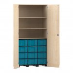 Flexeo Garagenschrank, 3 Fächer, 3 Rollcontainer, 12 großen Boxen Ahorn honig, blau  (Zoom)