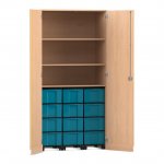 Flexeo Garagenschrank, 3 Fächer, 3 Rollcontainer, 12 großen Boxen Buche hell, blau  (Zoom)