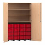 Flexeo Garagenschrank, 3 Fächer, 4 Rollcontainer, 16 große Boxen Buche hell, rot  (Zoom)