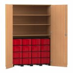 Flexeo Garagenschrank, 3 Fächer, 4 Rollcontainer, 16 große Boxen Buche dunkel, rot  (Zoom)