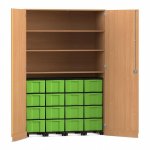 Flexeo Garagenschrank, 3 Fächer, 4 Rollcontainer, 16 große Boxen Buche dunkel, grün  (Zoom)