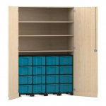 Flexeo Garagenschrank, 3 Fächer, 4 Rollcontainer, 16 große Boxen Ahorn honig, blau  (Zoom)