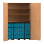 Flexeo Garagenschrank, 3 Fächer, 4 Rollcontainer, 16 große Boxen Buche dunkel, blau  (Zoom)