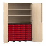 Flexeo Garagenschrank, 3 Fächer, 4 Rollcontainer, 32 kleine Boxen Ahorn honig, rot  (Zoom)