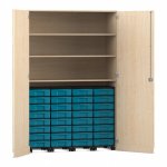 Flexeo Garagenschrank, 3 Fächer, 4 Rollcontainer, 32 kleine Boxen Ahorn honig, blau  (Zoom)