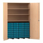 Flexeo Garagenschrank, 3 Fächer, 4 Rollcontainer, 32 kleine Boxen Buche hell, blau  (Zoom)