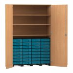 Flexeo Garagenschrank, 3 Fächer, 4 Rollcontainer, 32 kleine Boxen Buche dunkel, blau  (Zoom)