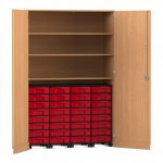 Flexeo Garagenschrank, 3 Fächer, 4 Rollcontainer, 32 kleine Boxen Buche dunkel, rot  (Zoom)