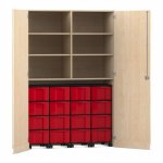 Flexeo Garagenschrank, 6 Fächer, 4 Rollcontainer, 16 große Boxen Ahorn honig, rot  (Zoom)