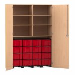 Flexeo Garagenschrank, 6 Fächer, 4 Rollcontainer, 16 große Boxen Buche hell, rot  (Zoom)