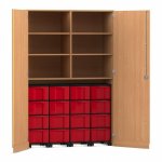 Flexeo Garagenschrank, 6 Fächer, 4 Rollcontainer, 16 große Boxen Buche dunkel, rot  (Zoom)