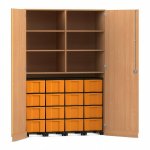 Flexeo Garagenschrank, 6 Fächer, 4 Rollcontainer, 16 große Boxen Buche dunkel, gelb  (Zoom)