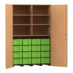 Flexeo Garagenschrank, 6 Fächer, 4 Rollcontainer, 16 große Boxen Buche dunkel, grün  (Zoom)