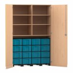 Flexeo Garagenschrank, 6 Fächer, 4 Rollcontainer, 16 große Boxen Buche hell, blau  (Zoom)