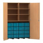 Flexeo Garagenschrank, 6 Fächer, 4 Rollcontainer, 16 große Boxen Buche dunkel, blau  (Zoom)