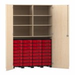 Flexeo Garagenschrank, 6 Fächer, 4 Rollcontainer, 32 kleine Boxen Ahorn honig, rot (Zoom)