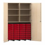 Flexeo Garagenschrank, 6 Fächer, 4 Rollcontainer, 32 kleine Boxen Ahorn honig, rot  (Zoom)