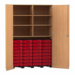 Flexeo Garagenschrank, 6 Fächer, 4 Rollcontainer, 32 kleine Boxen Buche dunkel, rot  (Zoom)