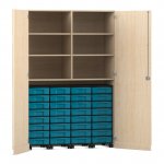 Flexeo Garagenschrank, 6 Fächer, 4 Rollcontainer, 32 kleine Boxen Ahorn honig, blau  (Zoom)